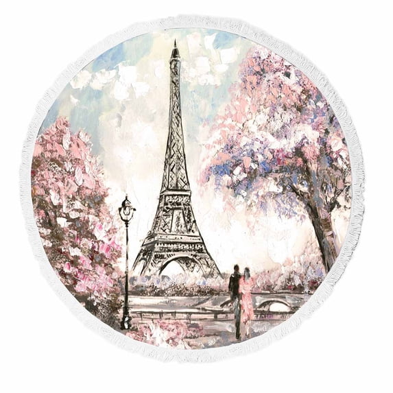 PKQWTM Oil Painting Street View Paris Tender Landscape Round Beach Towel Beach Mats Shawl Blanket Yoga Mat with Tassels Beach Throw Towel