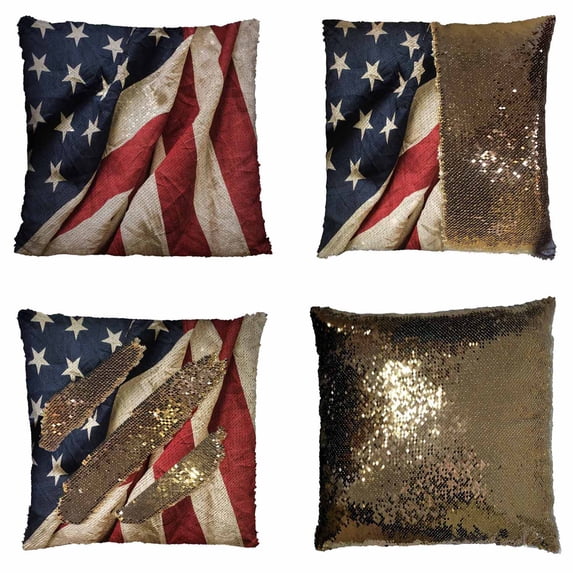 PKQWTM Old American Flag Memorial Day 4Th July Dependence Day Reversible Mermaid Cushion Cover Home Decor Sequin Pillow Case Size 18x18 inches