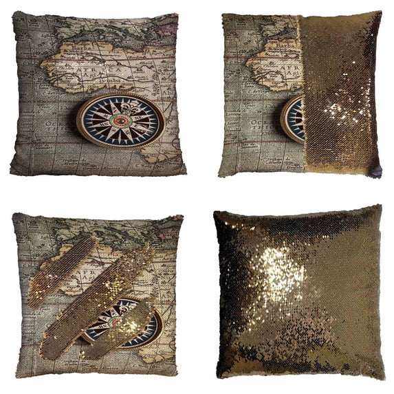 PKQWTM Old On Vintage Retro Map Reversible Mermaid Cushion Cover Home Decor Sequin Pillow Case Size 20x20 inches