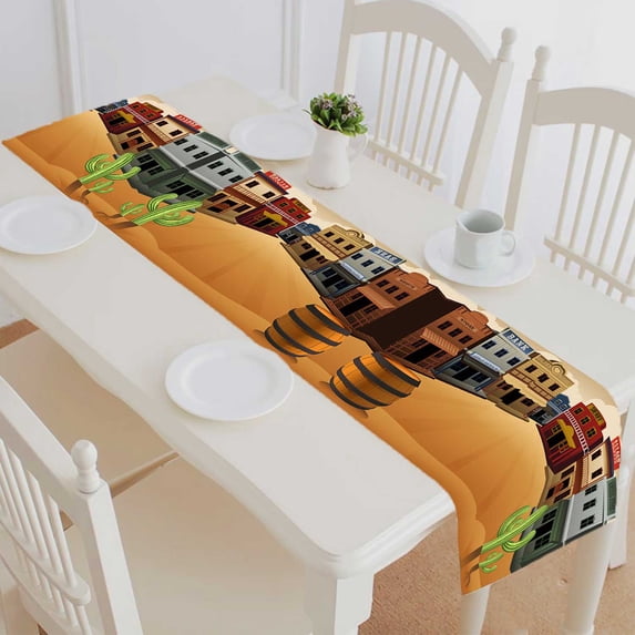 PKQWTM Old Western Town Cotton and Linen Table Runner Kitchen Dining Room Supplies Size 14x72 Inch