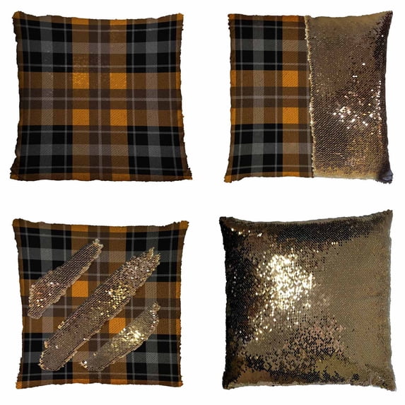 PKQWTM Orange Black Tartan With White Stripes Reversible Mermaid Cushion Cover Home Decor Sequin Pillow Case Size 16x16 inches