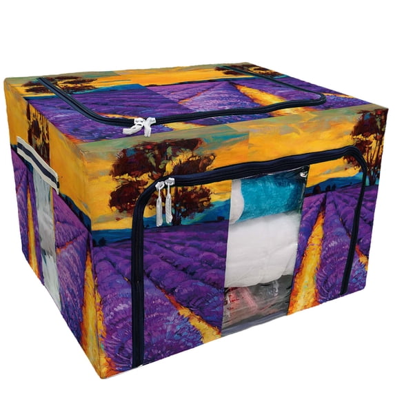 PKQWTM Original Oil Painting on Canvas Sunset Over Lavender Field Storage Bag Clear Window Storage Bins Boxes Large Capacity Foldable Stackable Organizer With Steel Metal Frame For Clothes,Closets