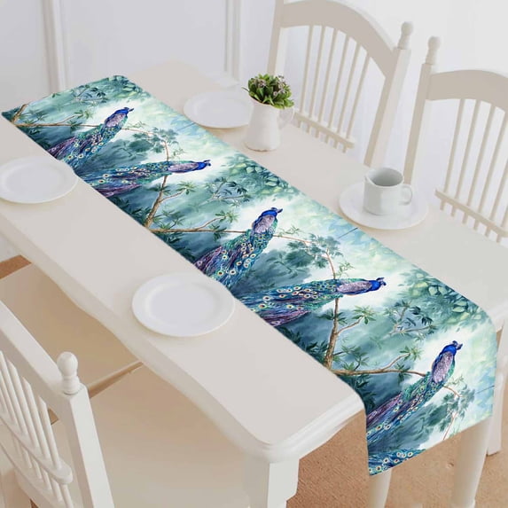 PKQWTM Paradise Garden With The Peacock Cotton and Linen Table Runner Kitchen Dining Room Supplies Size 14x72 Inch