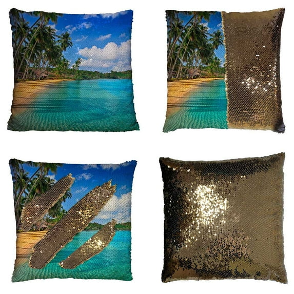 PKQWTM Paradise Sea Water Summer Hotel House Tropical Beach Reversible Mermaid Cushion Cover Home Decor Sequin Pillow Case Size 16x16 inches