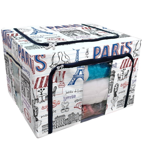PKQWTM Paris Doodles Storage Bag Clear Window Storage Bins Boxes Large Capacity Foldable Stackable Organizer With Steel Metal Frame For Bedding,Clothes,Closets, Bedrooms