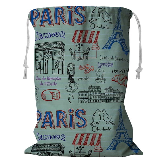 PKQWTM Paris Doodles Storage Basket Laundry Bag with Drawstring Size 18x24 Inch