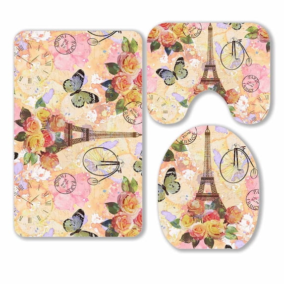 PKQWTM Paris travel 3 Piece Bathroom Rugs Set Bath Rug Contour Mat and Toilet Lid Cover