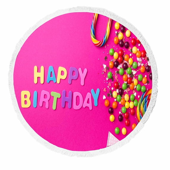 PKQWTM Party Accessories Happy Birthday Sweet Treat Swirl Candy Round Beach Towel Beach Mats Shawl Blanket Yoga Mat with Tassels Beach Throw Towel