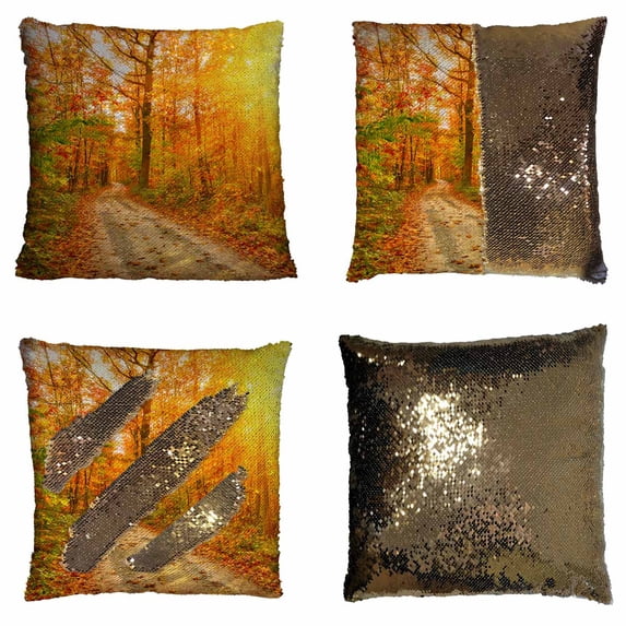 PKQWTM Pathway through the autumn forest Reversible Mermaid Cushion Cover Home Decor Sequin Pillow Case Size 18x18 inches
