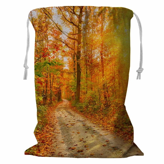 PKQWTM Pathway through the autumn forest Storage Basket Laundry Bag with Drawstring Size 18x24 Inch