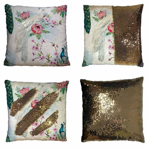 PKQWTM Peacock Tree Cherry Flowering Trees Protea Flower Reversible Mermaid Cushion Cover Home Decor Sequin Pillow Case Size 18x18 inches