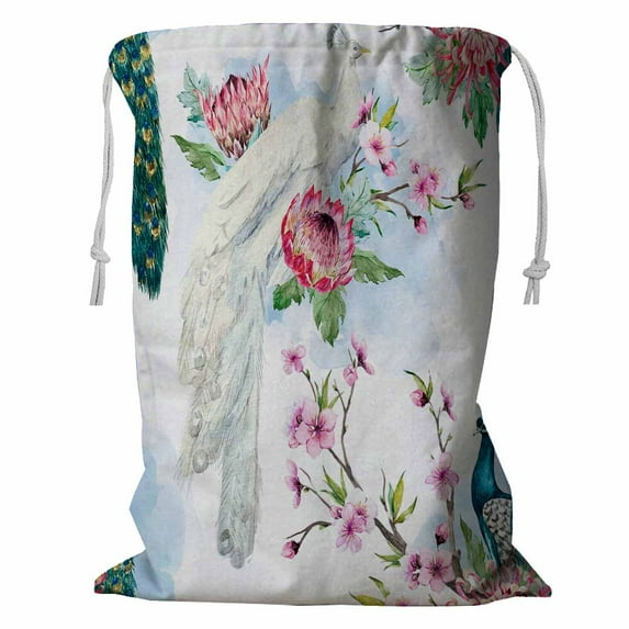 PKQWTM Peacock Tree Cherry Flowering Trees Protea Flower Storage Basket Laundry Bag with Drawstring Size 24x32 Inch