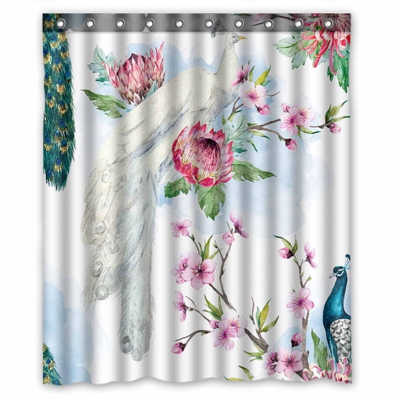 PKQWTM Peacock Tree Cherry Flowering Trees Protea Flower WaterProof Polyester Fabric Shower Curtain Size 60x72 Inches