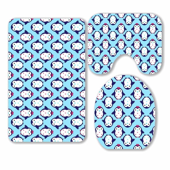 PKQWTM Penguin 3 Piece Bathroom Rugs Set Bath Rug Contour Mat and Toilet Lid Cover