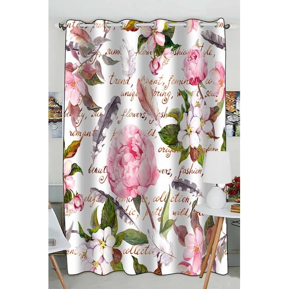 PKQWTM Peony Flowers Sakura Feathers Floral Hand Written Letter Practical heat insulation Shading Window Curtain Size 52(W)x84(H) inches(One Piece)