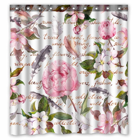 PKQWTM Peony Flowers Sakura Feathers Floral Hand Written Letter WaterProof Polyester Fabric Shower Curtain Size 66x72 Inches
