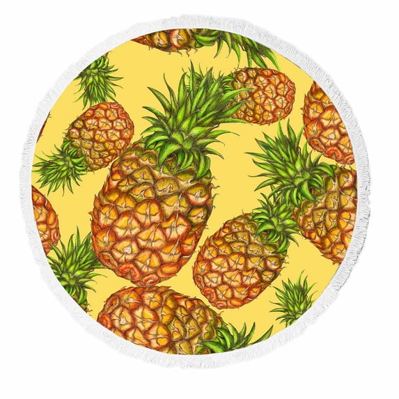 PKQWTM Pineapples Yellow Round Beach Towel Beach Mats Shawl Blanket Yoga Mat with Tassels Beach Throw Towel