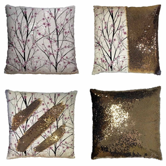 PKQWTM Pink Cherry Tree Blossom Reversible Mermaid Cushion Cover Home Decor Sequin Pillow Case Size 16x16 inches