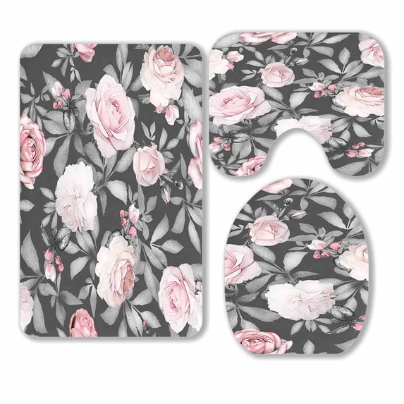 PKQWTM Pink Flowers And Leaves On Gray 3 Piece Bathroom Rugs Set Bath Rug Contour Mat and Toilet Lid Cover