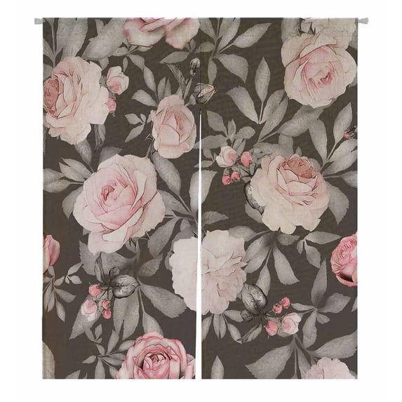 PKQWTM Pink Flowers And Leaves On Gray Door Curtain Window Cover Home Decor Hanging Curtain Size 105x120 CM