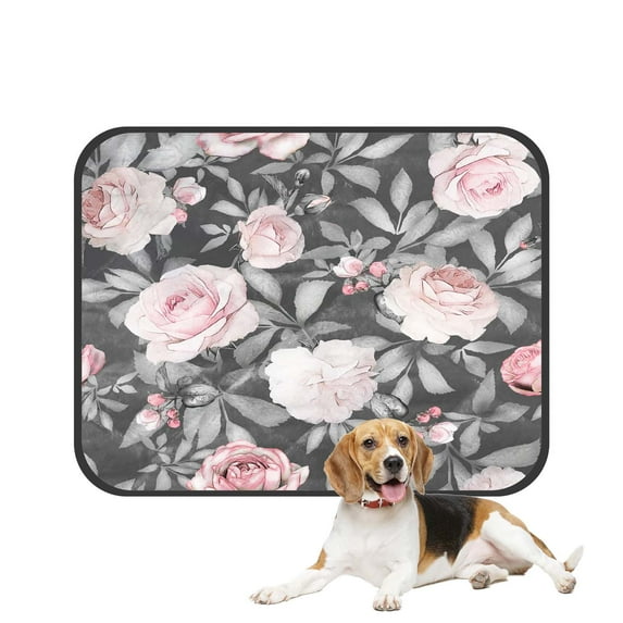 PKQWTM Pink Flowers And Leaves On Gray Pet Dog Cat Bed Pee Pads Mat Cushion Potty Dogs Blankets Crate Bed Kennel 28x36 inch
