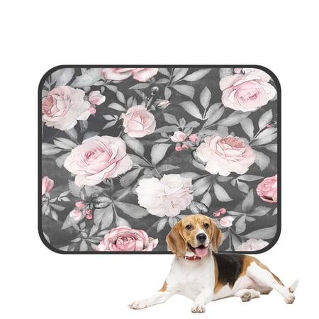 PKQWTM Pink Flowers And Leaves On Gray Pet Dog Cat Bed Pee Pads Mat Cushion Potty Dogs Blankets Crate Bed Kennel 36x48 inch