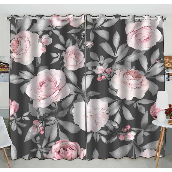 PKQWTM Pink Flowers And Leaves On Gray Practical heat insulation Shading Window Curtain Size 52(W)x84(H) inches(Two Piece)