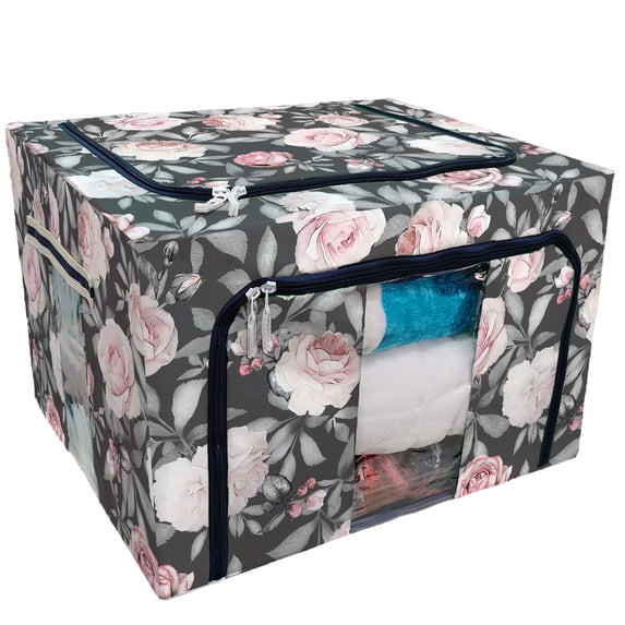 PKQWTM Pink Flowers And Leaves On Gray Storage Bag Clear Window Storage Bins Boxes Large Capacity Foldable Stackable Organizer With Steel Metal Frame For Bedding,Clothes,Closets, Bedrooms