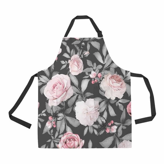 PKQWTM Pink Flowers And Leaves On Gray Unisex Adjustable Bib Apron with Pockets for Commercial Restaurant and Home Kitchen Use