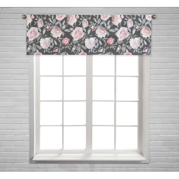 PKQWTM Pink Flowers And Leaves On Gray Window Curtain Valance Rod Pocket 54x18 inch