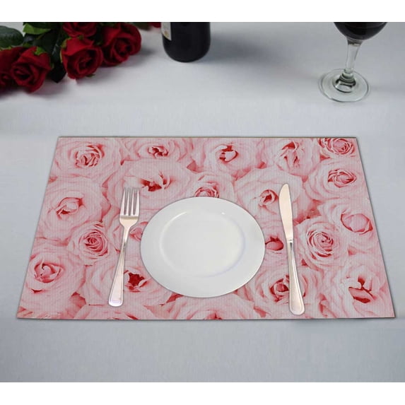 PKQWTM Pink Fresh Roses Kitchen Dining Table Mats Placemats Size 12x18 Inches, Set of 2 Pieces