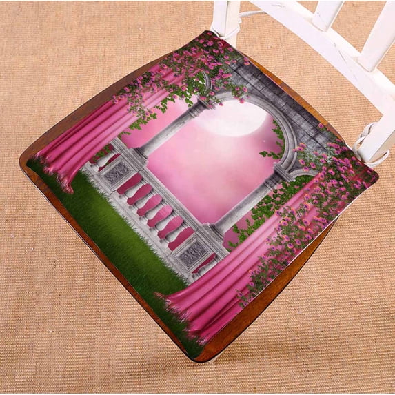 PKQWTM Pink Garden With Curtains And Roses Chair Pads Chair Mat Seat Cushion Chair Cushion Floor Cushion Size 18x18 inches