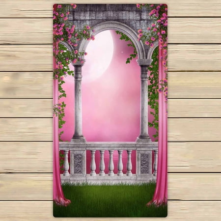 PKQWTM Pink Garden With Curtains And Roses Microfiber Bath Towels Bathroom Body Shower Towel Size 30x56 Inches