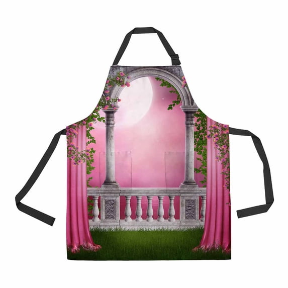 PKQWTM Pink Garden With Curtains And Roses Unisex Adjustable Bib Apron with Pockets for Commercial Restaurant and Home Kitchen Use