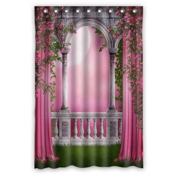 PKQWTM Pink Garden With Curtains And Roses WaterProof Polyester Fabric Shower Curtain Size 48x72 Inches