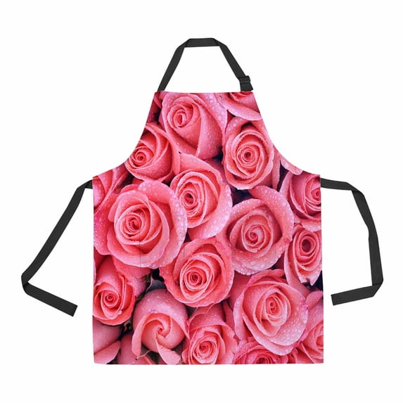 PKQWTM Pink Roses With Water Drop Unisex Adjustable Bib Apron with Pockets for Commercial Restaurant and Home Kitchen Use