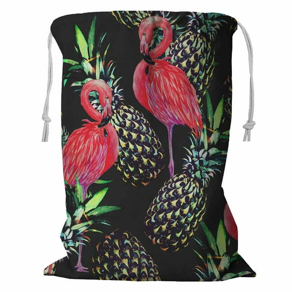 PKQWTM Pink flamingos exotic birds pineapples tropical Storage Basket Laundry Bag with Drawstring Size 18x24 Inch