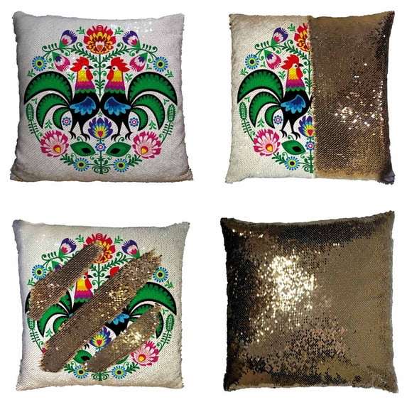 PKQWTM Polish folk art floral embroidery with roosters Reversible Mermaid Cushion Cover Home Decor Sequin Pillow Case Size 16x16 inches