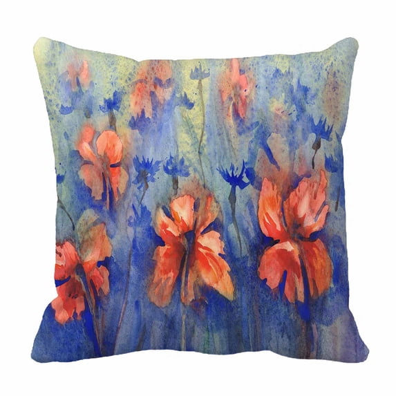 PKQWTM Poppies And Cornflowers In The Rain Summer Field Bed Decor Pillow Cases Zippered Cushion Cover Size 18x18 Inches