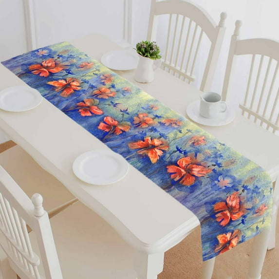PKQWTM Poppies And Cornflowers In The Rain Summer Field Cotton and Linen Table Runner Kitchen Dining Room Supplies Size 16x72 Inch