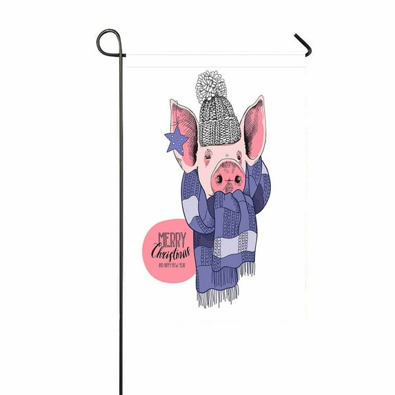 PKQWTM Portrait Of The Pink Pig In A Knitted Cap And Blue Striped Scarf Yard Decor Home Garden Flag Size 28x40 Inches