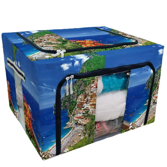 PKQWTM Positano Coast Amalfi Italy Storage Bag Clear Window Storage Bins Boxes Large Capacity Foldable Stackable Organizer With Steel Metal Frame For Bedding,Clothes,Closets, Bedrooms