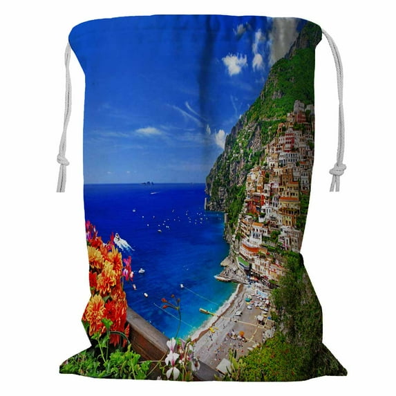 PKQWTM Positano Coast Amalfi Italy Storage Basket Laundry Bag with Drawstring Size 24x32 Inch