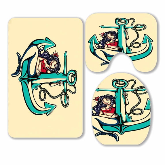 PKQWTM Pretty Siren Mermaid Pin Up Girl Sitting Anchor Sailor 3 Piece Bathroom Rugs Set Bath Rug Contour Mat and Toilet Lid Cover