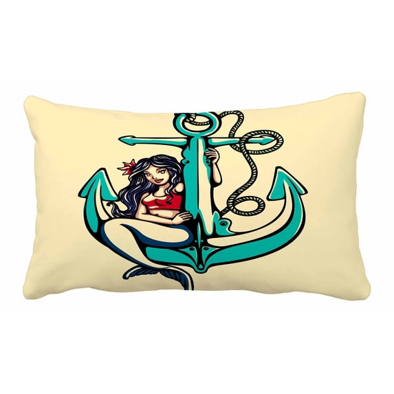 PKQWTM Pretty Siren Mermaid Pin Up Girl Sitting Anchor Sailor Bed Decor Pillow Cases Zippered Cushion Cover Size 20x30 Inches