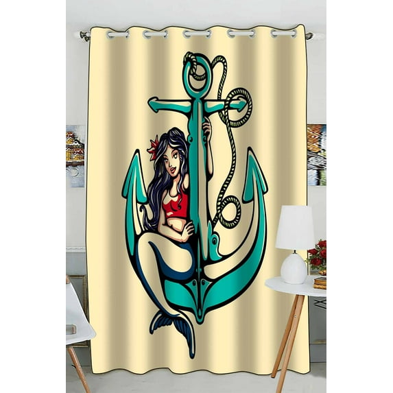PKQWTM Pretty Siren Mermaid Pin Up Girl Sitting Anchor Sailor Practical heat insulation Shading Window Curtain Size 52(W)x84(H) inches(One Piece)