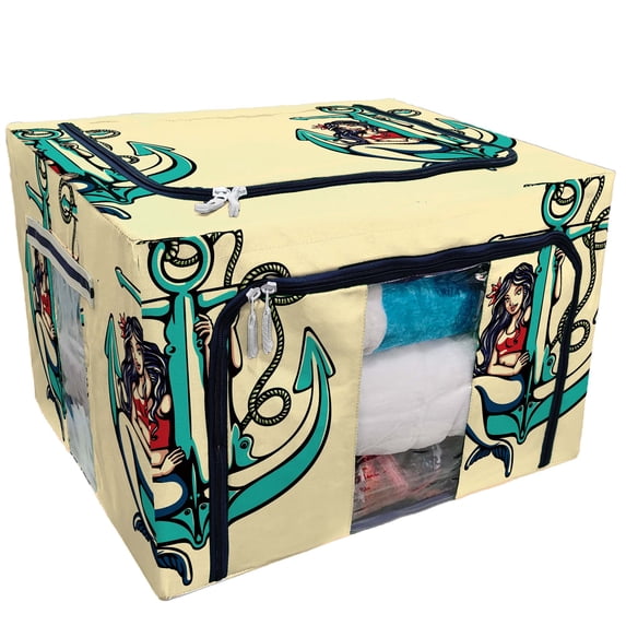 PKQWTM Pretty Siren Mermaid Pin Up Girl Sitting Anchor Sailor Storage Bag Clear Window Storage Bins Boxes Large Capacity Foldable Stackable Organizer With Steel Metal Frame For Clothes,Closets