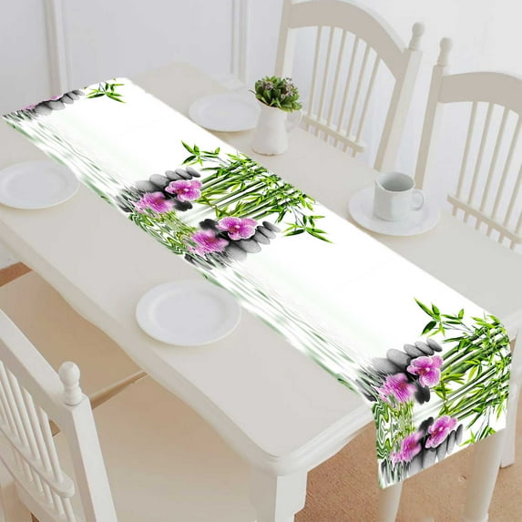 PKQWTM Purple Orchid Flower Bamboo Cotton and Linen Table Runner Kitchen Dining Room Supplies Size 14x72 Inch