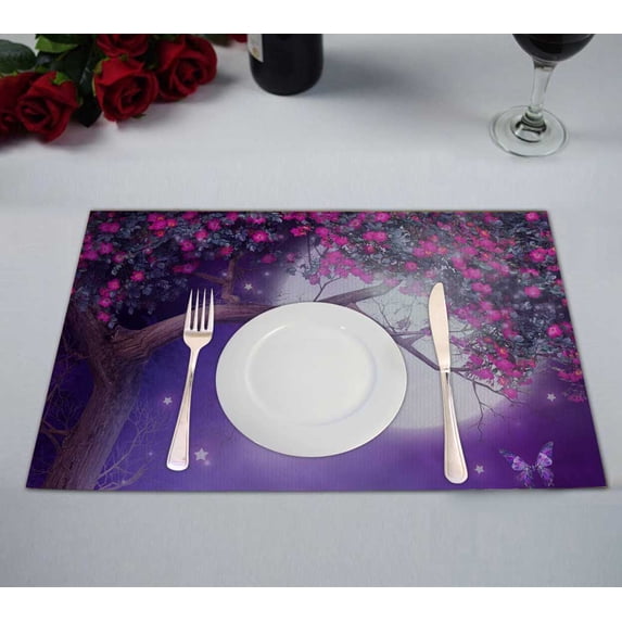 PKQWTM Purple Scenery With A Flowering Tree And Colorful Shrubs Kitchen Dining Table Mats Placemats Size 12x18 Inches, Set of 2 Pieces