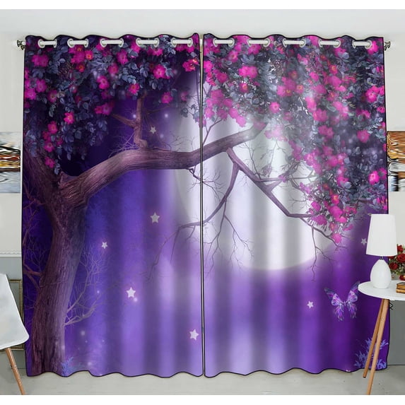 PKQWTM Purple Scenery With A Flowering Tree And Colorful Shrubs Practical heat insulation Shading Window Curtain Size 52(W) x 84(H) inches (Two Piece)
